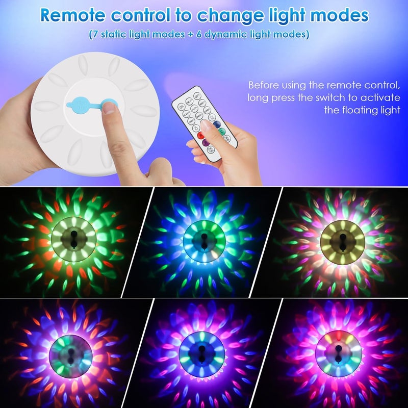QOLNBY Floating Pool Lights, IP68 Waterproof Pool Lights, Rechargeable RGB Upper and Lower Color Changing Pool Lights with 6 Dynamic Lighting Effects, Floating Light for Pond Gardens,Party -2 Pack - Image 2
